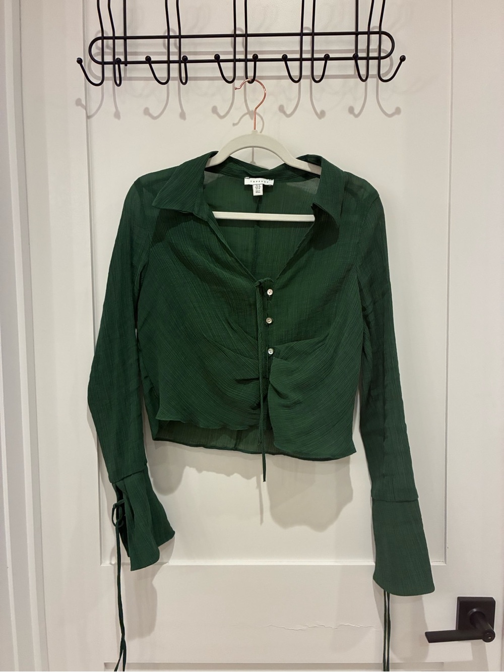 Topshop Dark Green Ruched Button-Front Collared Blouse